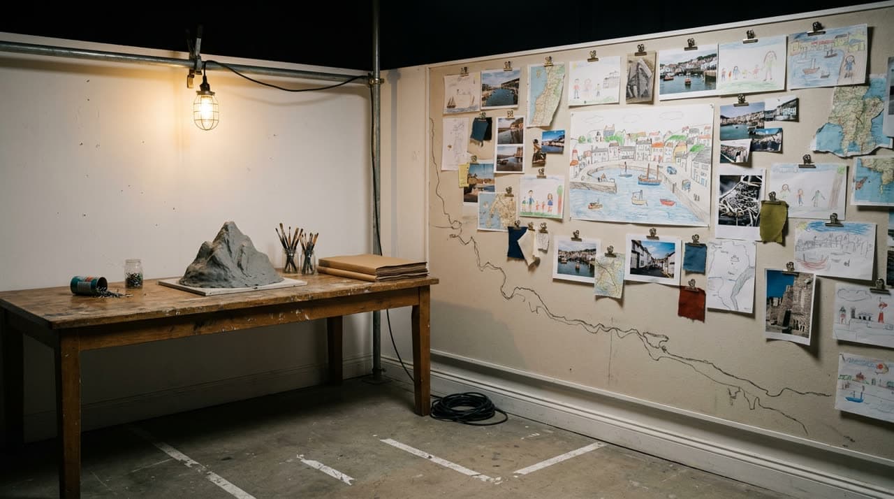The first plate of the World bay: the art table and pinboard wall before the worklight was added