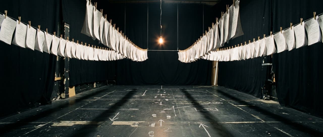 The first plate of the Script bay: two wires of pages converging over an empty black stage
