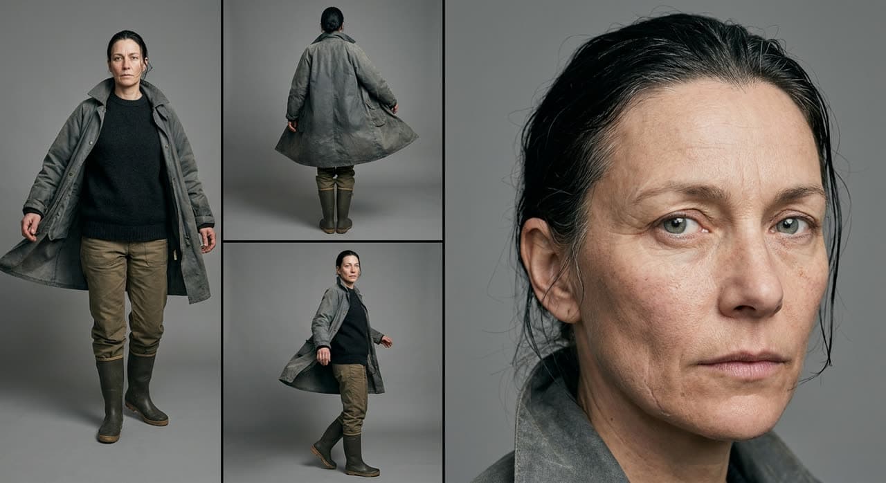 Character sheet for Nara, a weathered woman in a grey work coat: full figure, back view and a close portrait